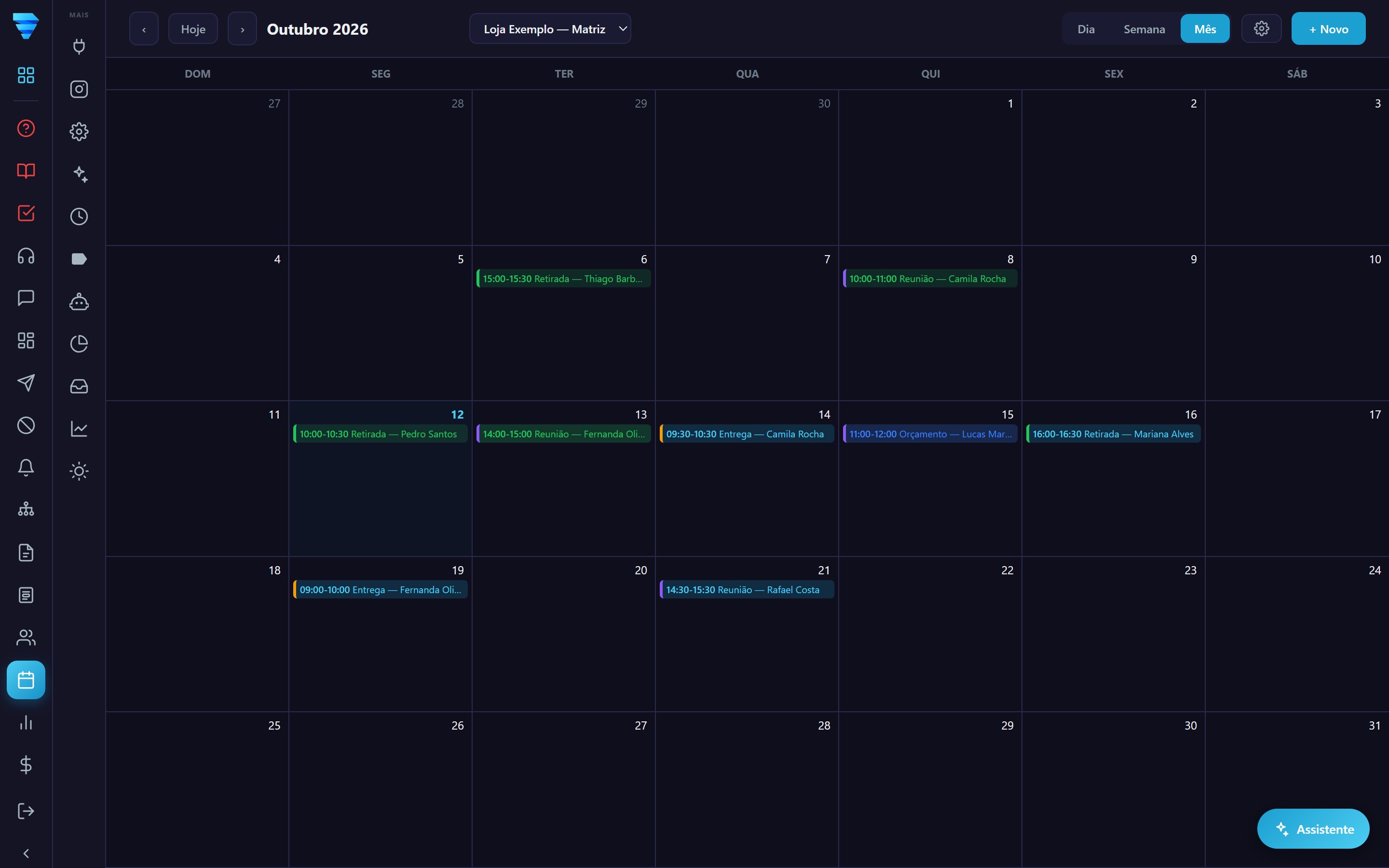 A tela Agenda. O botão de engrenagem, ao lado de + Novo, abre Tipos e configurações, onde fica a aba Integrações.