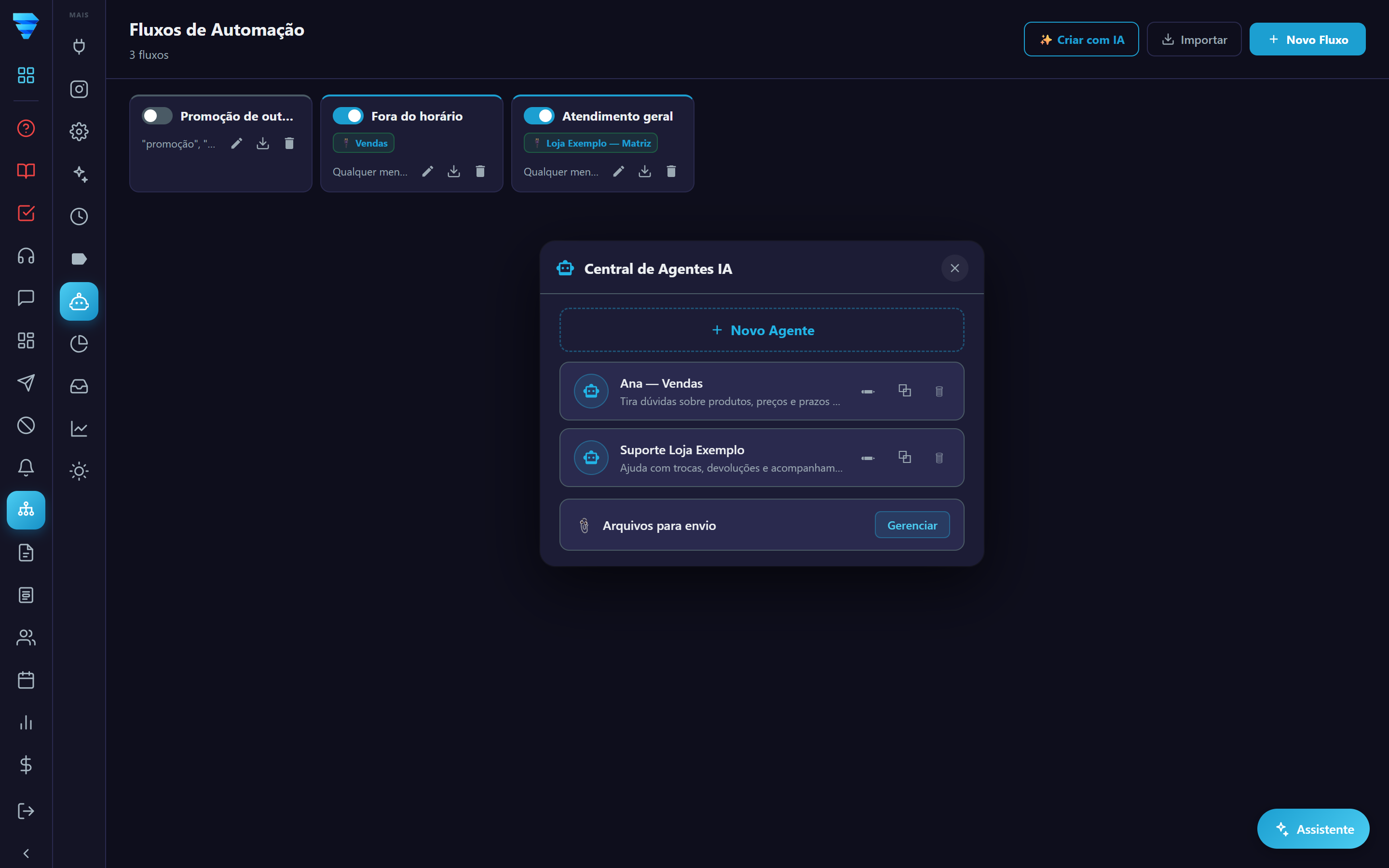 Na Central de Agentes IA, cada agente tem ao lado os botões de editar, duplicar e excluir.