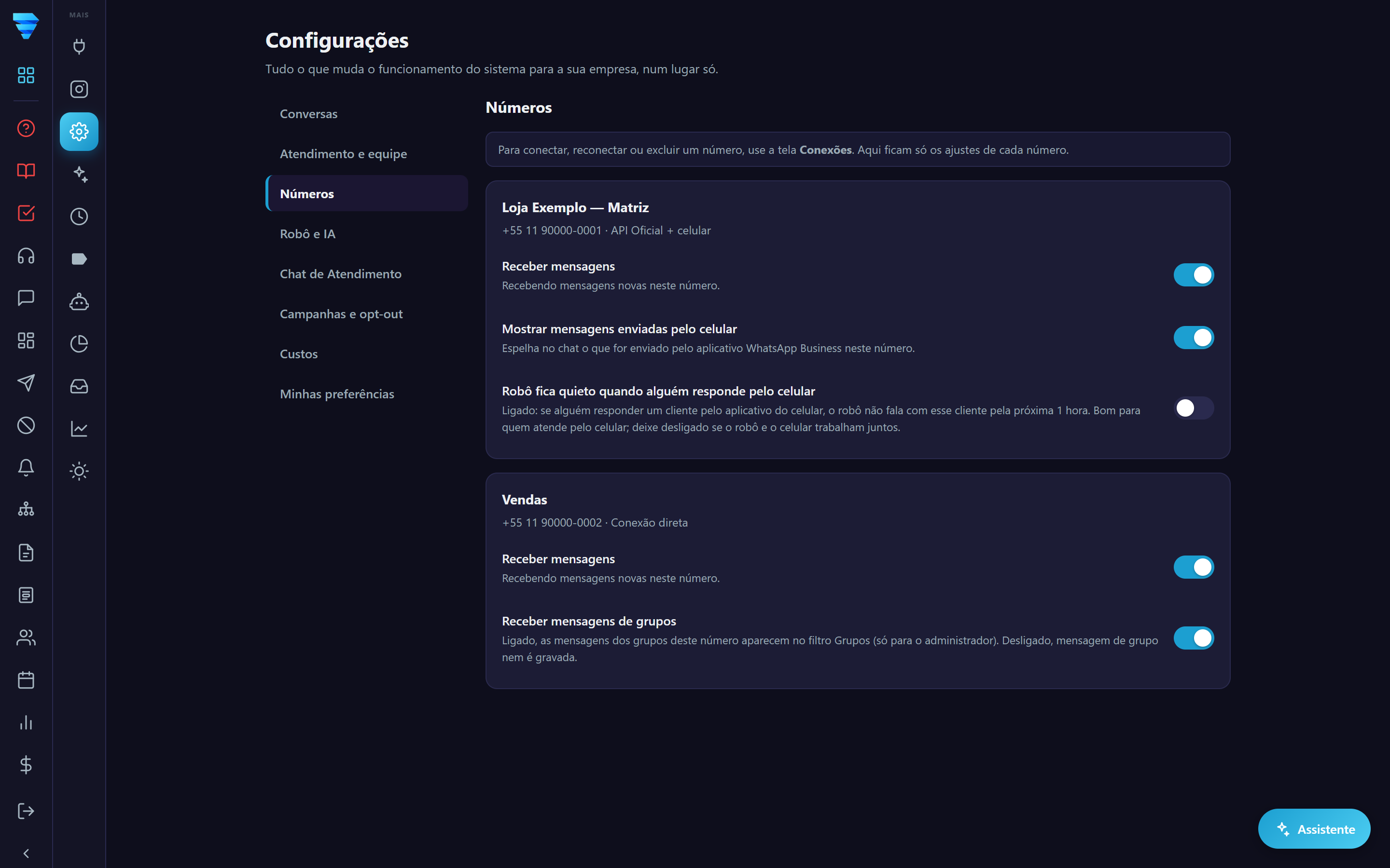 Em Configurações, aba Números: a chave Receber mensagens de grupos aparece no cartão do número da conexão direta.