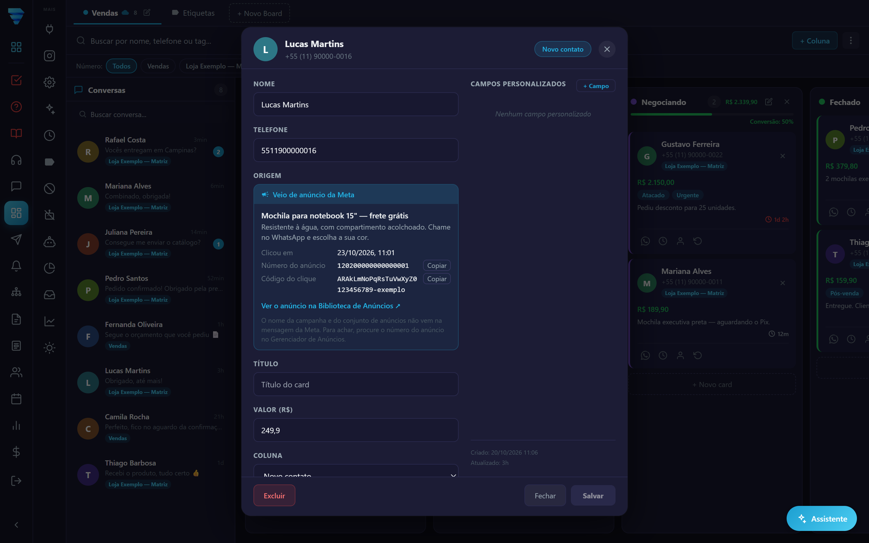 No cartão do CRM, a Origem mostra de qual anúncio o contato veio.