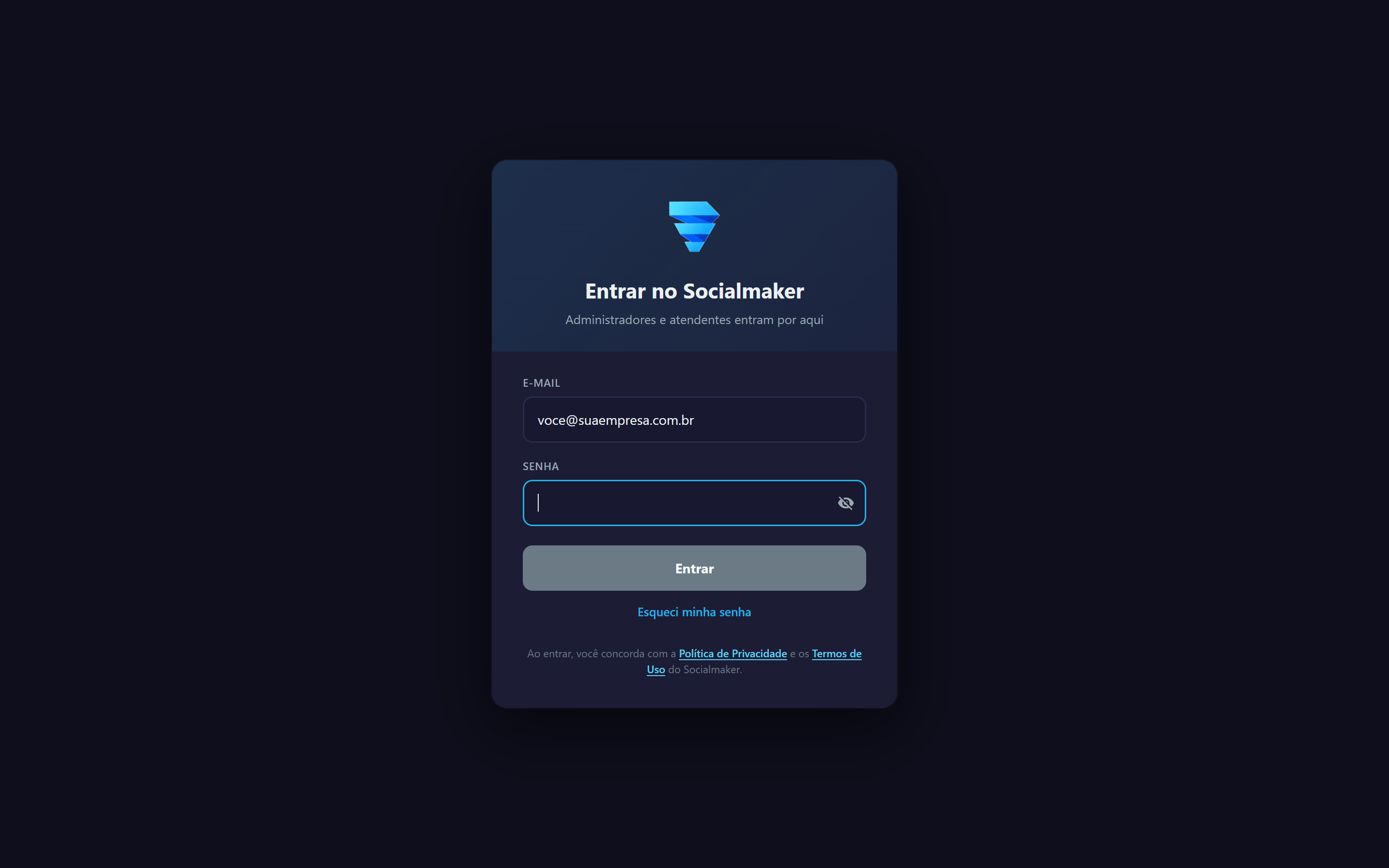 A tela de entrada: administrador e atendentes usam a mesma.