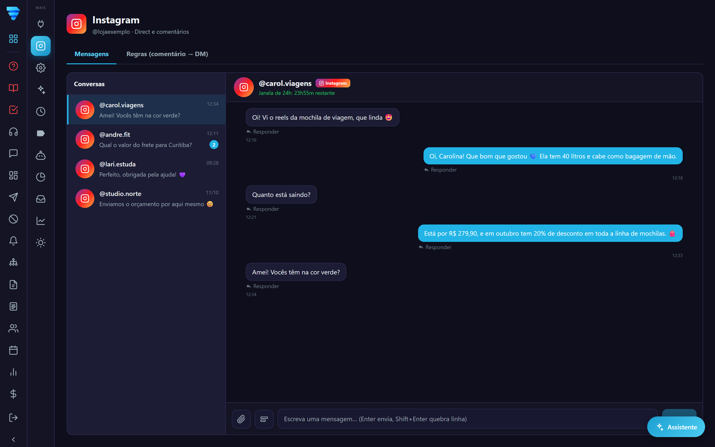 Depois de conectar, a tela Instagram mostra as conversas do Direct na aba Mensagens.