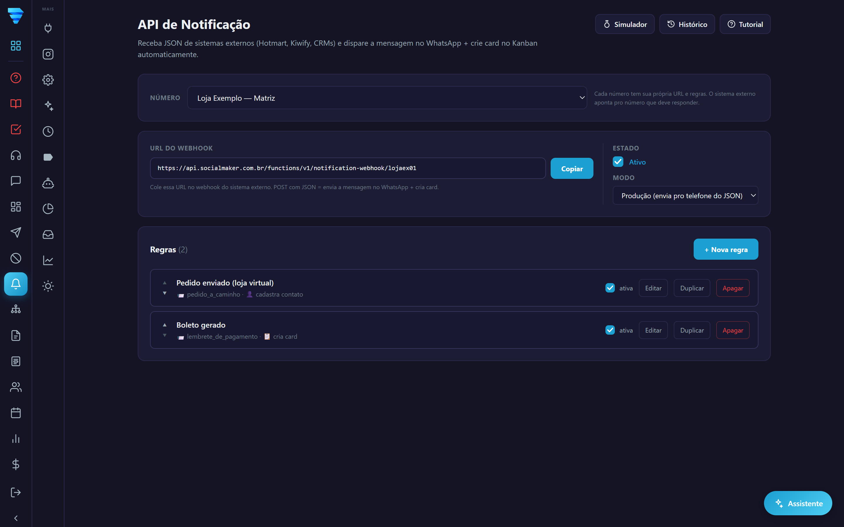 A tela Notificações, que no sistema tem o título API de Notificação: o endereço para onde o seu sistema envia, o Modo (Teste ou Produção) e as regras.