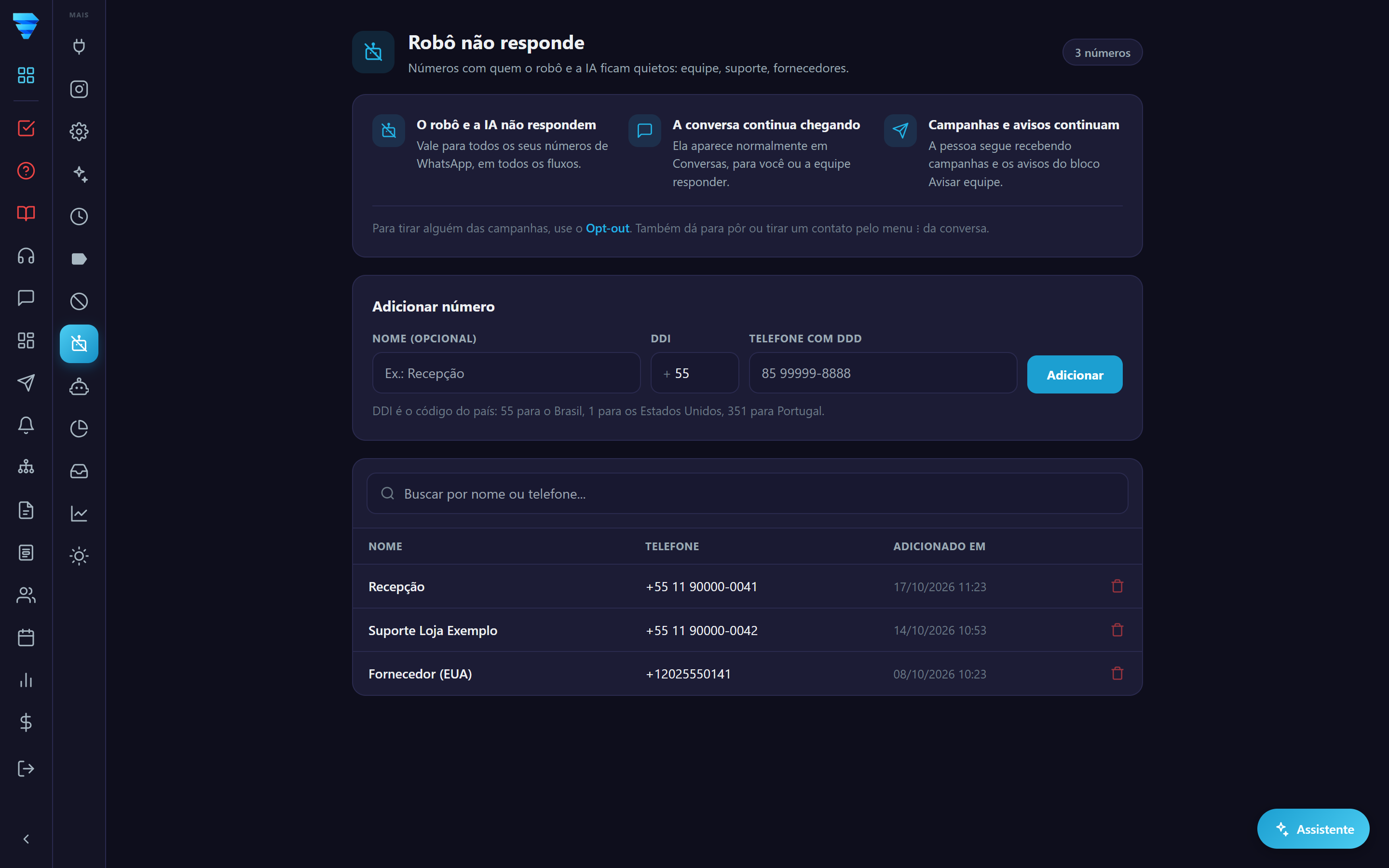 A tela Robô não responde: o campo DDI vem com 55 (Brasil) e, embaixo, aparece como o número vai ficar. Os ícones do Opt-out e do Robô não responde ficam na coluna Mais, à esquerda.